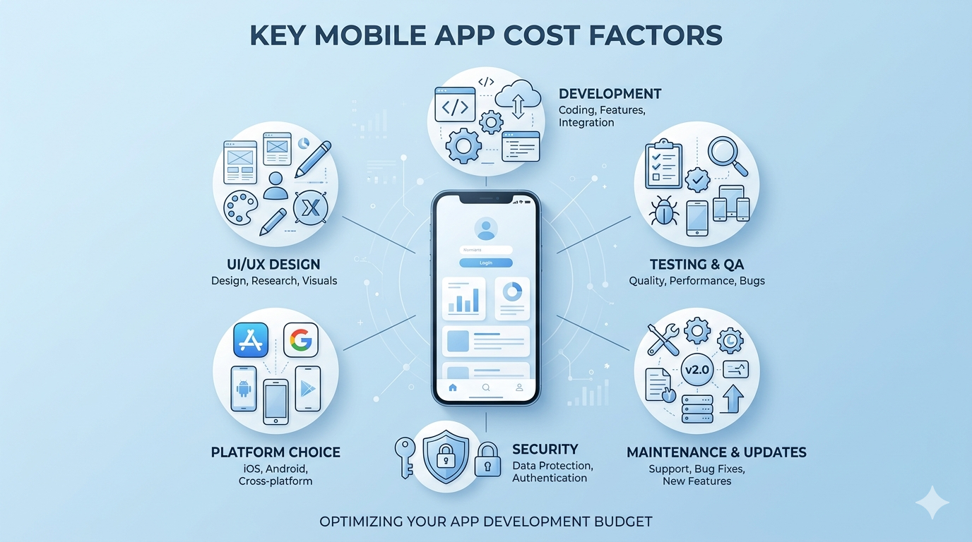 custom mobile app development process in India with cost estimation stages, mobile app development company in India discussing app budget and planning, app development cost factors including UI UX backend and features in India