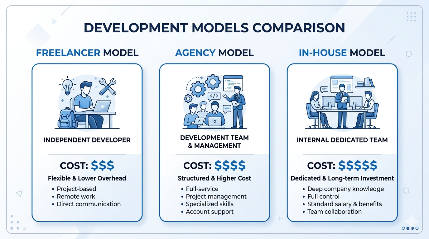 freelancer vs agency vs in house app development cost comparison chart, choosing the best mobile app development company in India for startups, professional mobile app development team working on enterprise solutions
